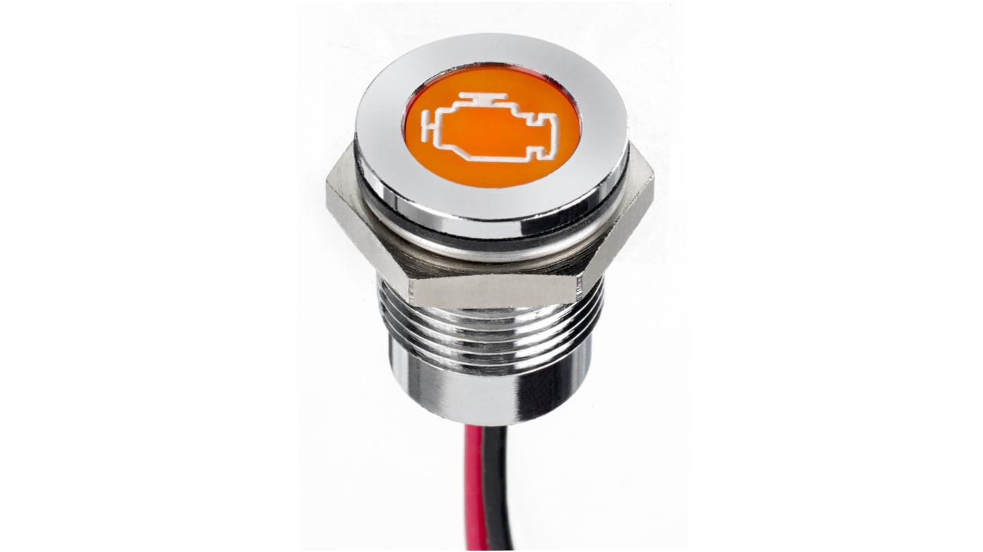 APEM Orange Panel Mount Indicator, 12V dc, 14mm Mounting Hole Size, Lead Wires Termination, IP67