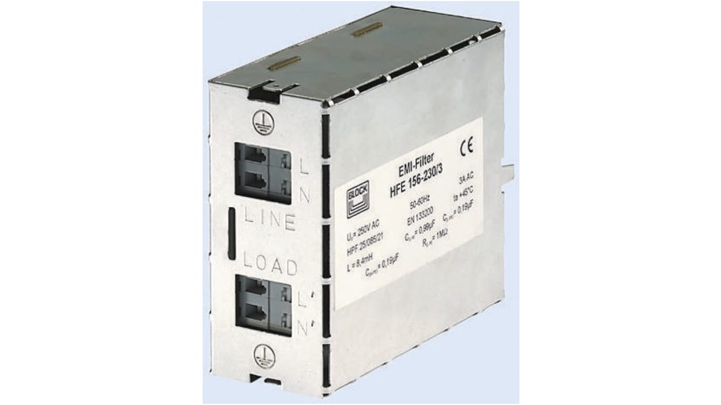 Block, HFE156, Signal Filter, 250 V ac 0.00006MHz, 10A, DIN Rail, Tab, 40 x 107 x 85mm