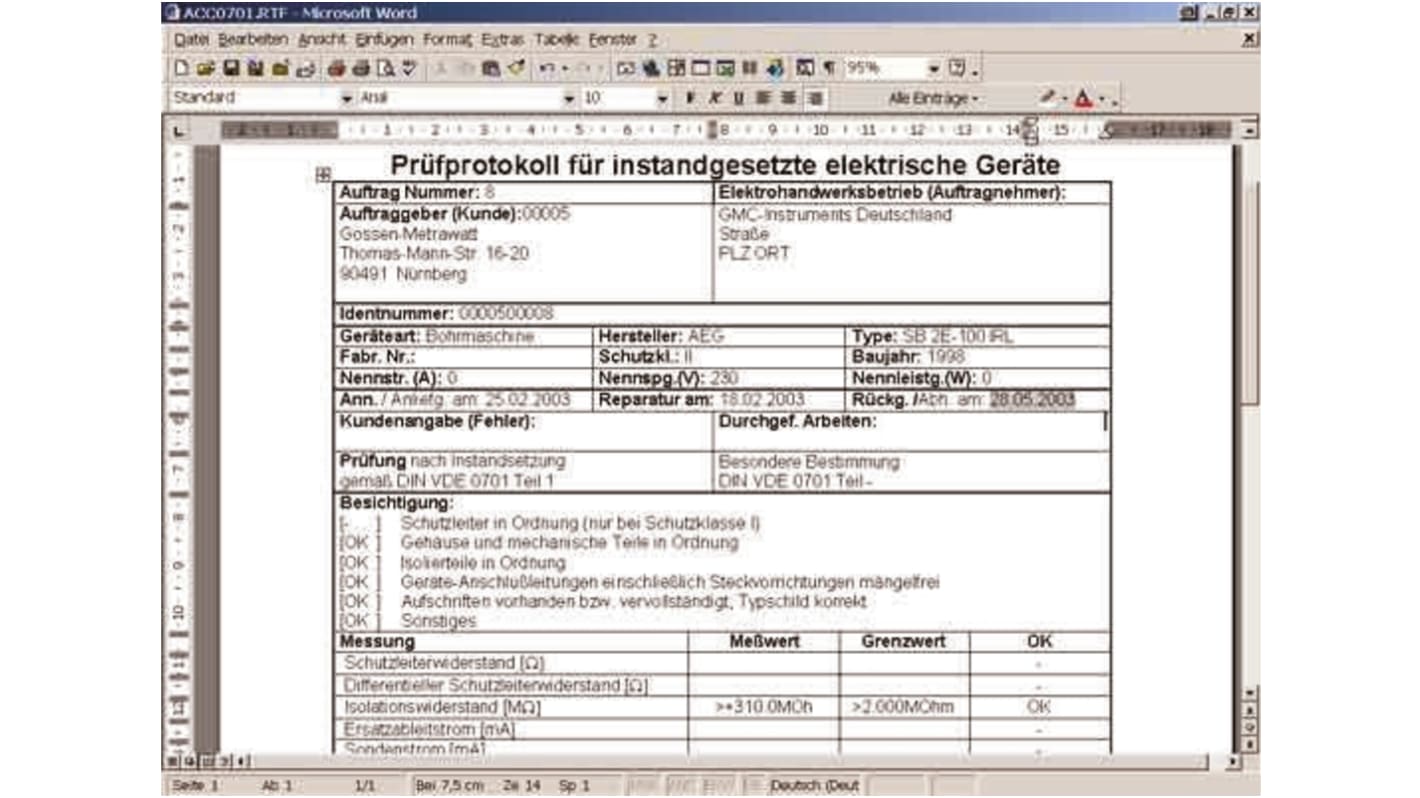 Gossen Metrawatt Pc Doc-Word/Excel Multimeter Software for Use with SECUTEST BASE, BASE10 (new), PROFITEST MASTER,