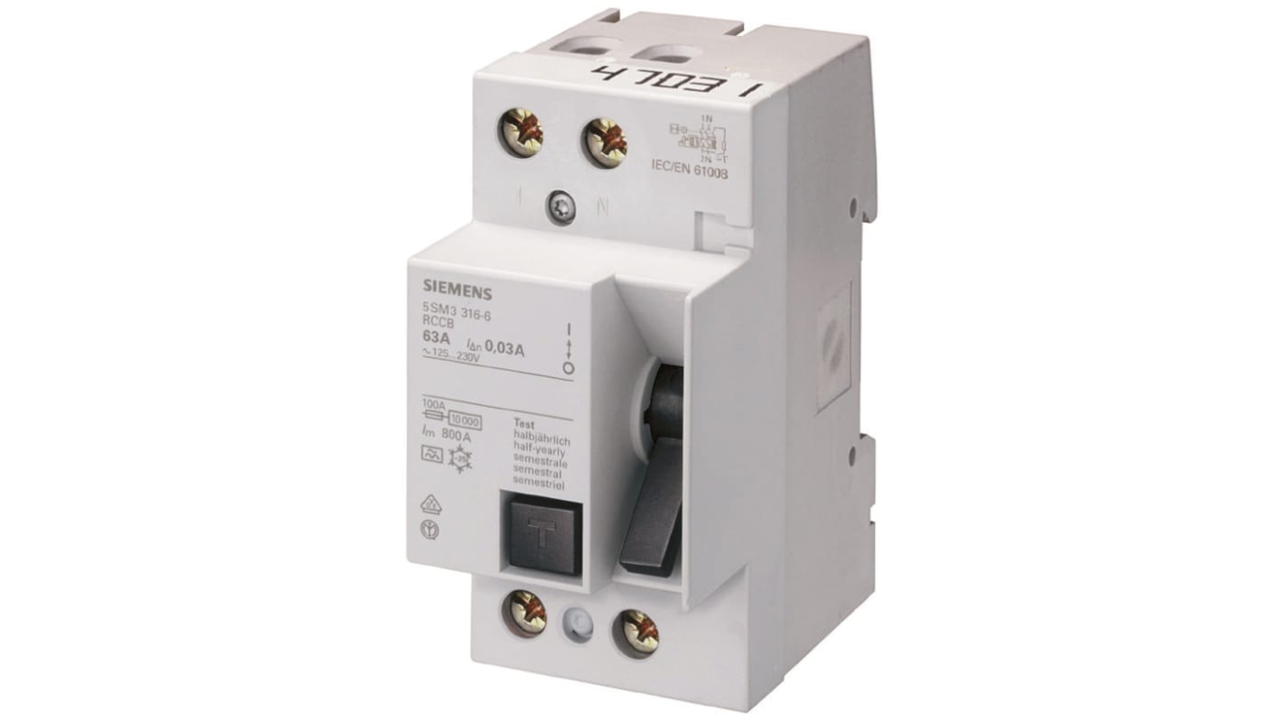 Siemens 5SM3 FI-Schutzschalter, 2-polig, 80A, 30mA Typ AC Sentron 230V