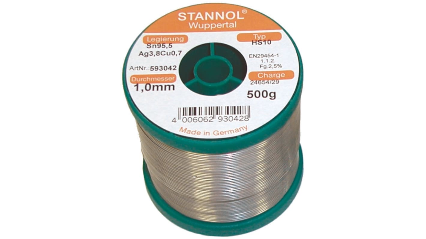 Stannol HS10 Lötzinn bleifrei 95.5%Sn 0%Pb 0.7%Cu 3.8%Ag, 217°C, Ø 0.7mm / 500g