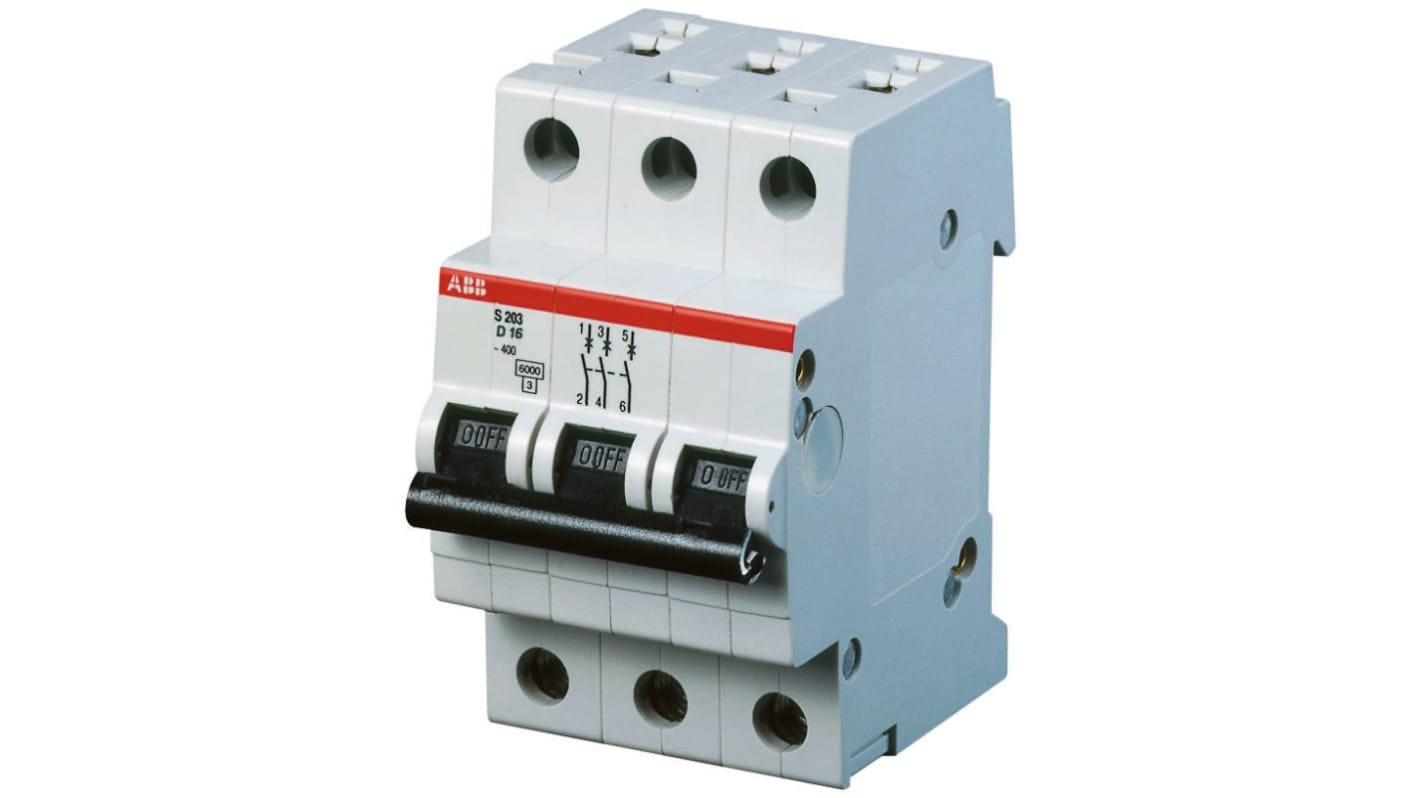 ABB D型MCB, 3极, 6 kA分断, 20A, 440VAC, 12VDC, S200系列 S203-D20