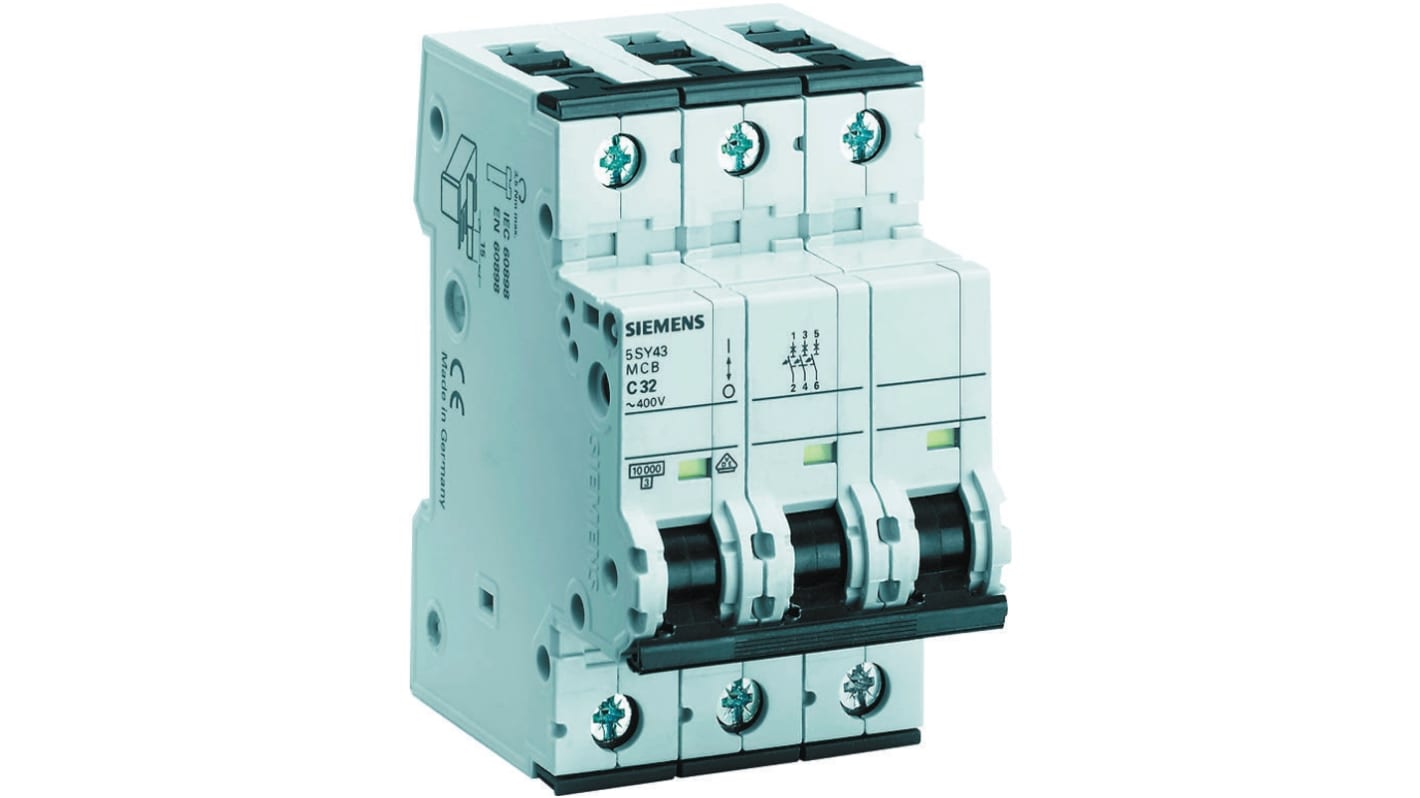 Siemens Sentron 5SY4 MCB, 3P, 500mA Curve C, 400V AC, 10 kA Breaking Capacity