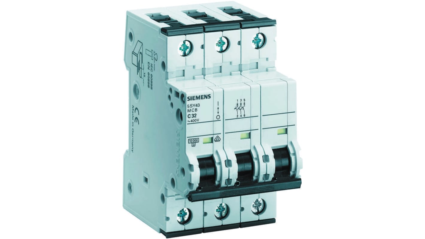 Siemens Sentron 5SY4 MCB, 3P, 25A Curve C, 400V AC, 10 kA Breaking Capacity