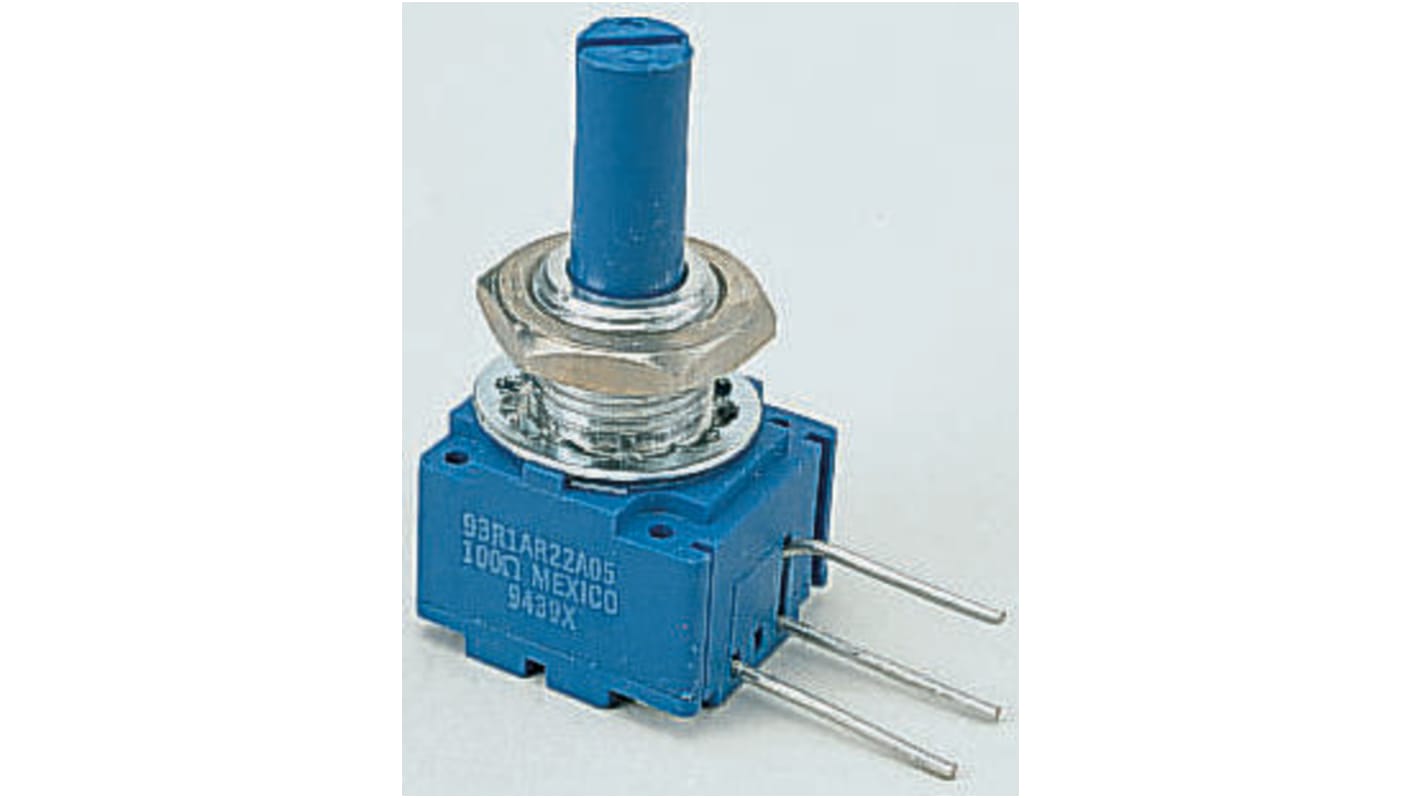 Bourns 93R1A-R22-A23L Potentiometer, 6 mm aksel, Panelmontering, Hulmontering, 500kΩ, ±10%, 2W
