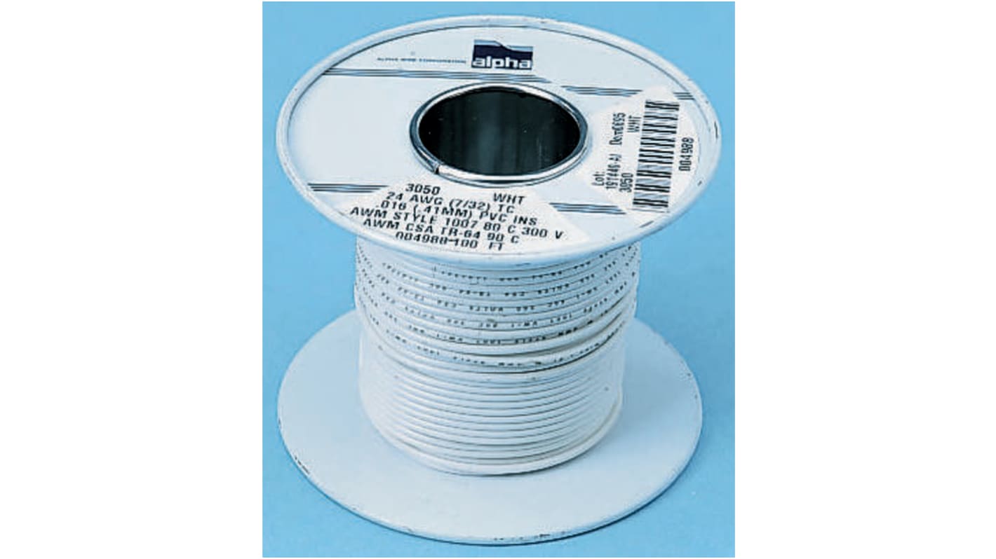 Alpha Wire 白色电线, 0.52 mm², 30m长, 20 AWG, 300 V, 最高+80°C, SR-PVC绝缘