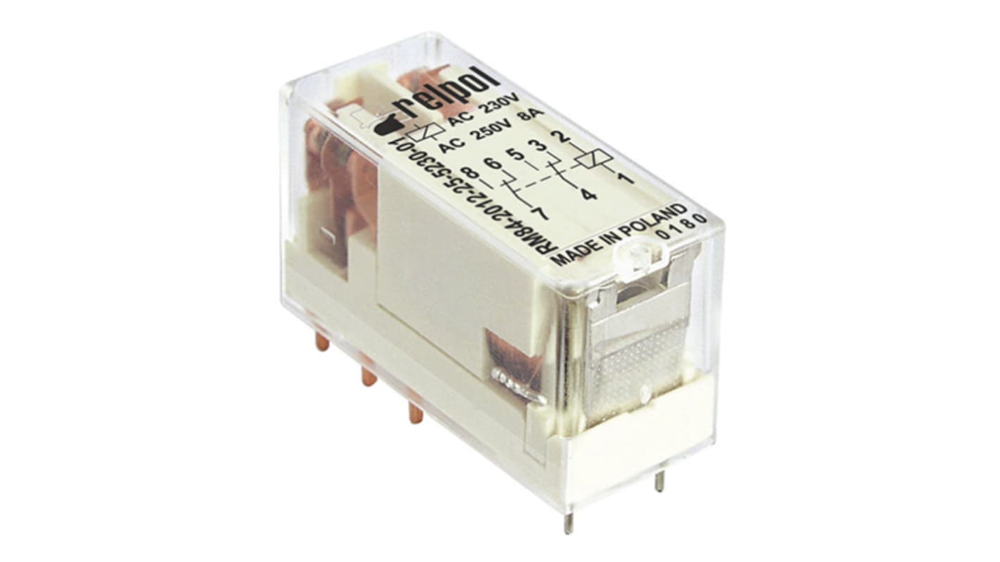 Relpol PCB Mount Power Relay, 12V ac Coil, 8A Switching Current, DPDT