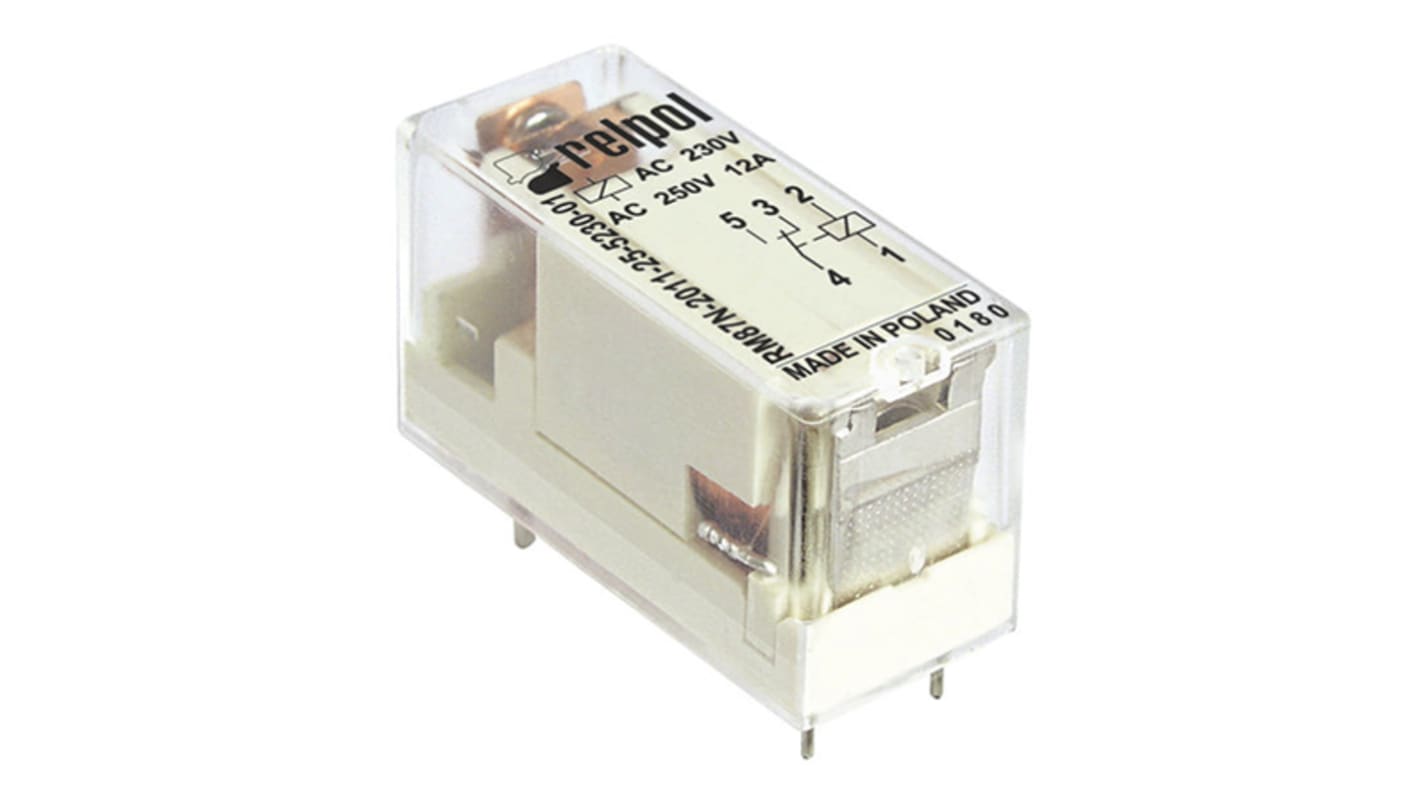 Relpol PCB Mount Power Relay, 12V dc Coil, 12A Switching Current, SPDT