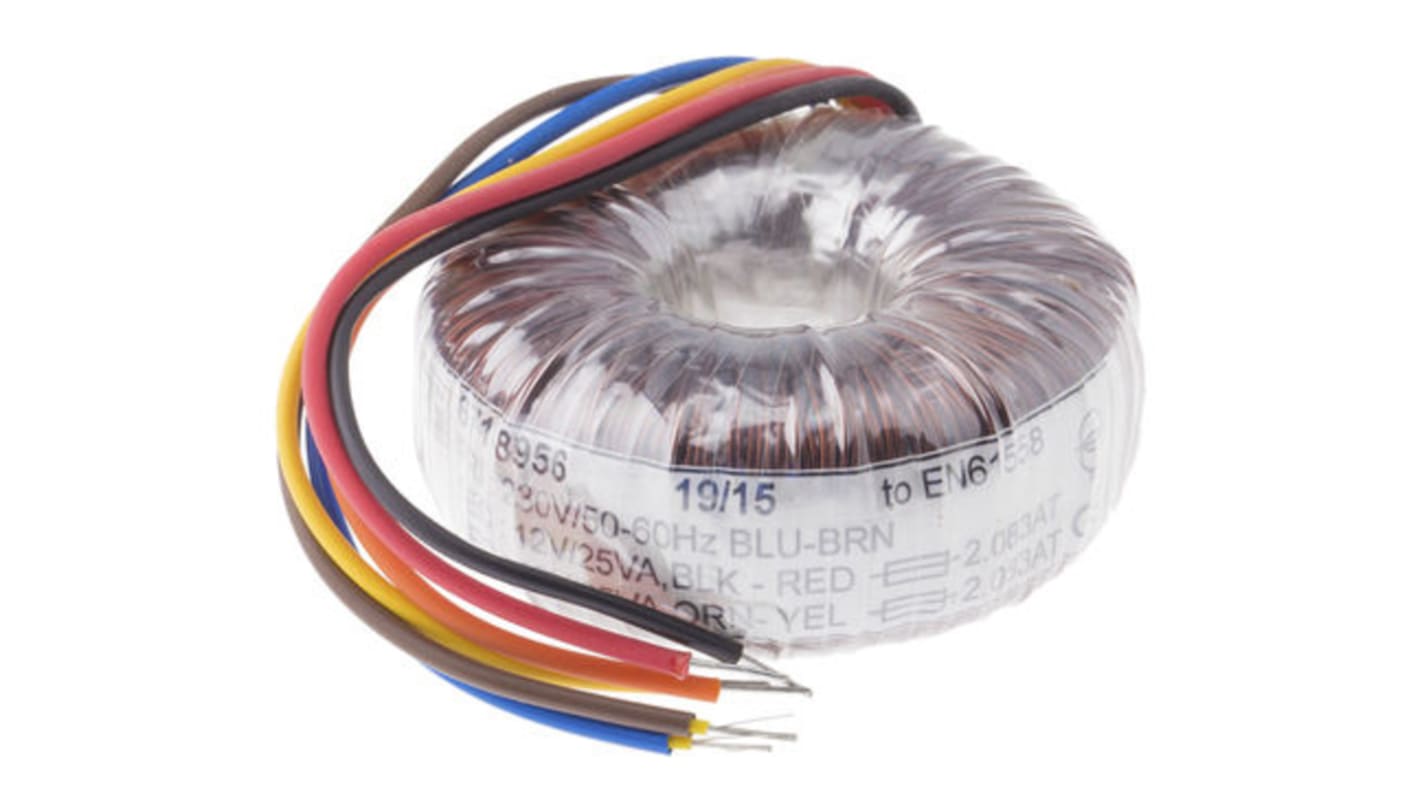 Transformador toroidal RS PRO, Tensión 2 x 25V ac, Potencia 300VA, 2 salidas, Montaje superficial