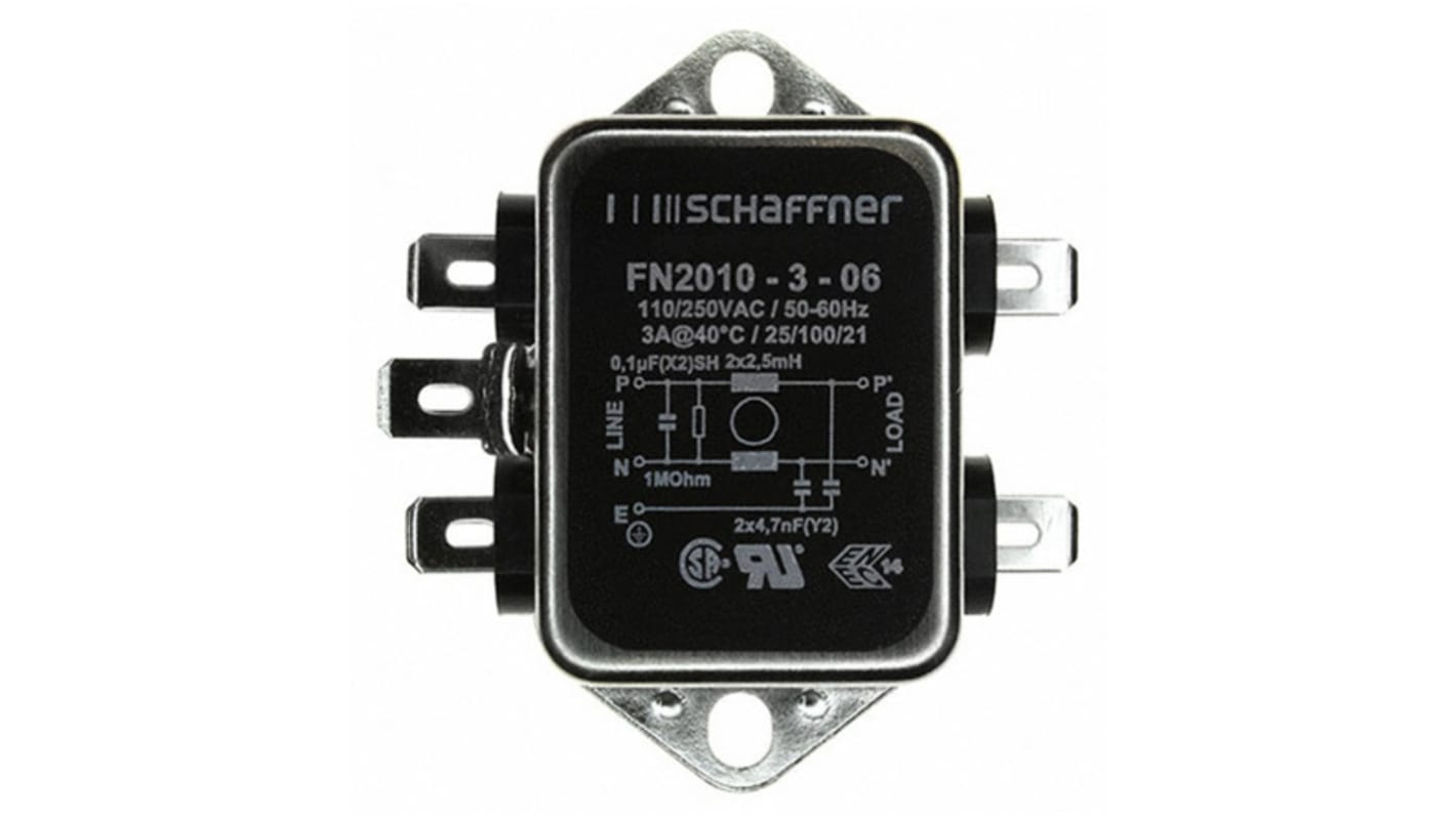 Schaffner FN2010 EMV-Filter, 250 V AC/DC, 3A, Gehäusemontage 1.1W, Flachstecker, 1-phasig 0,74 mA / 0 → 400Hz