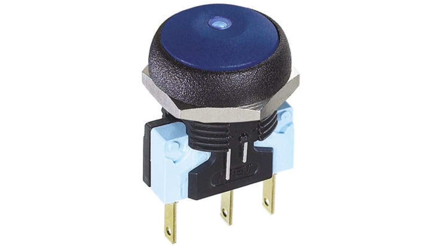 Interruptor de Botón Pulsador APEM, color de botón Azul, SPDT, acción momentánea, 5 A a 250 V ac, 250V ac, Montaje en