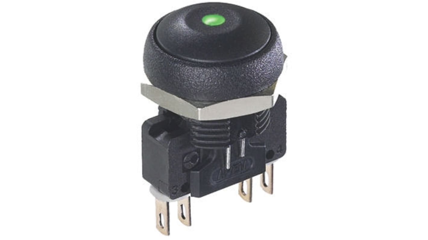 APEM Illuminated Push Button Switch, Momentary, Panel Mount, 14.8mm Cutout, DPDT, Green LED, 250V ac, IP67