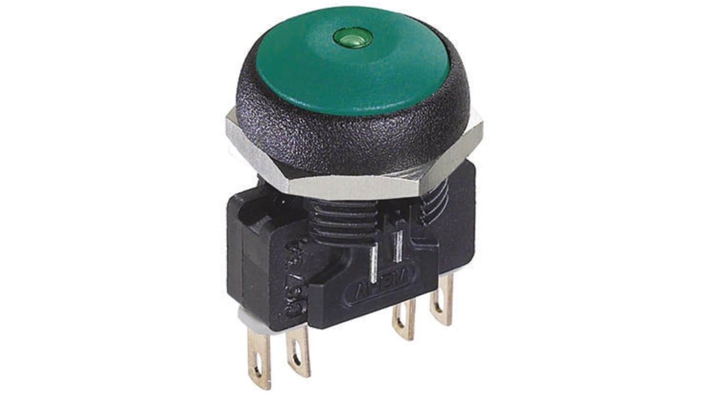 APEM Illuminated Push Button Switch, Momentary, Panel Mount, 14.8mm Cutout, DPDT, Green LED, 250V ac, IP67