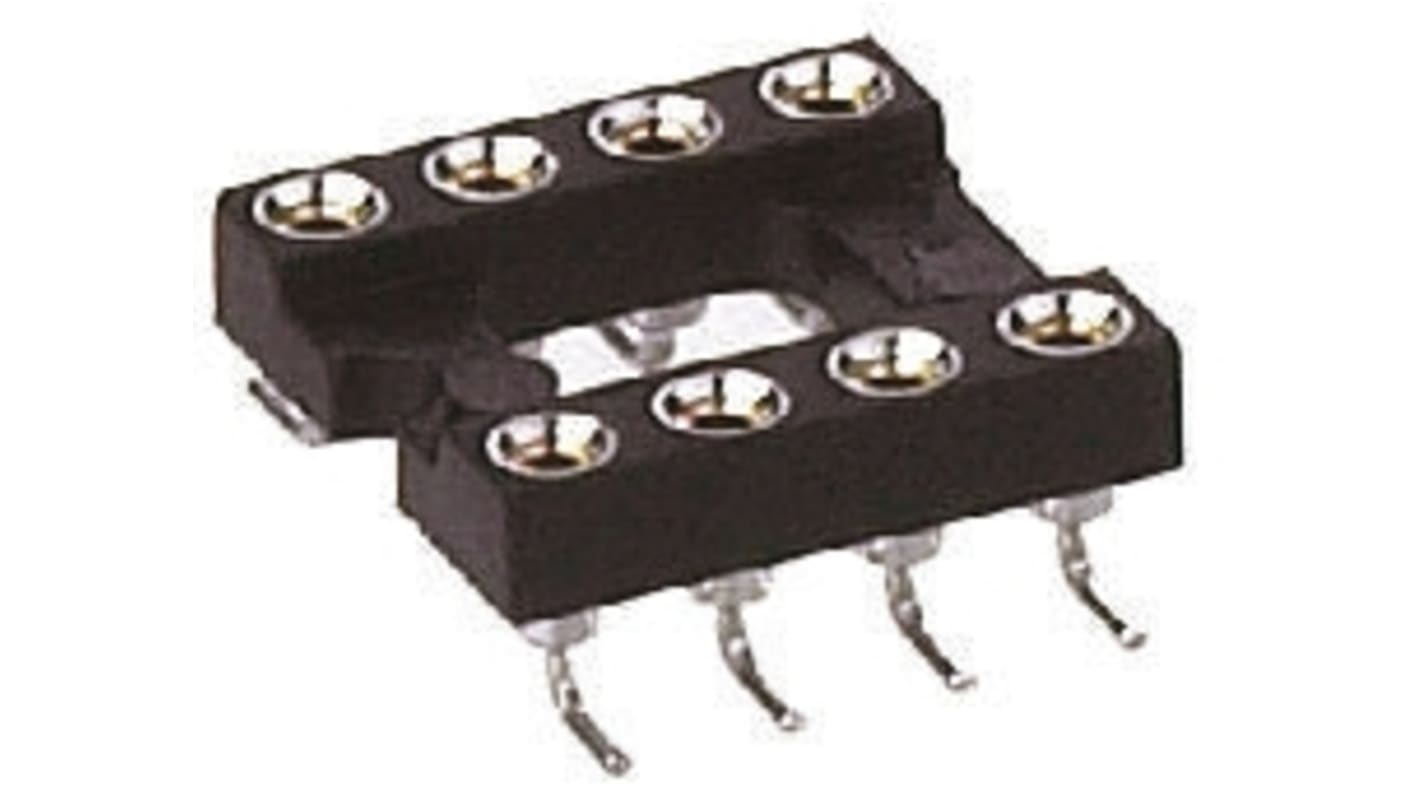 Preci-Dip DIP6插座, 垂直, 7.62mm排宽, 2.54mm节距, 车削引脚, SMT安装, 7.6 x 10.1 x 2.8mm