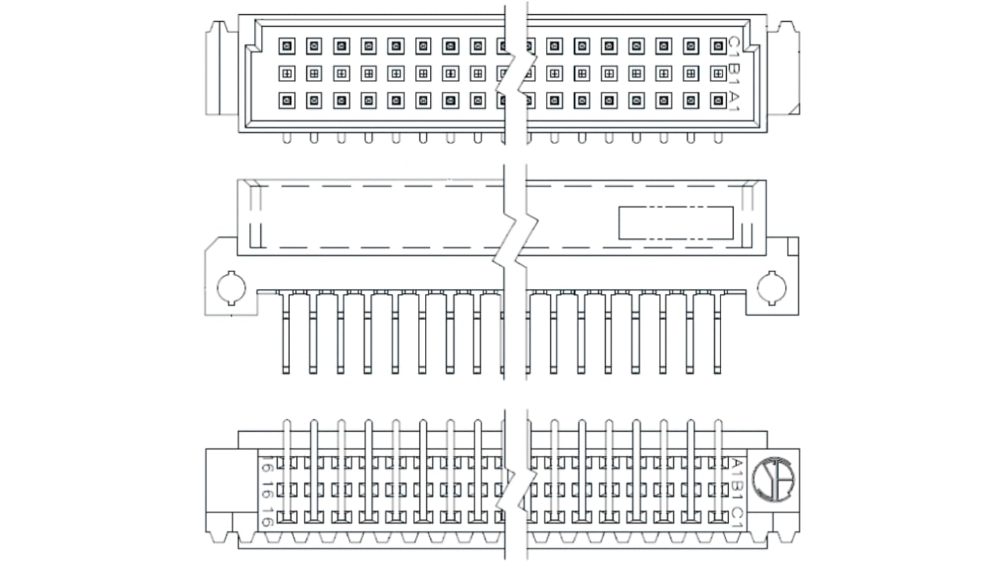 TE Connectivity Eurocard C2 DIN 41612-Steckverbinder Stecker gewinkelt, 32-polig / 3-reihig, Raster 2.54 mm, 5.08 mm