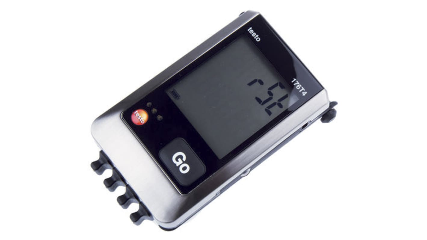 Registrador de datos Testo 176-T4, calibrado RS, para Temperatura, con alarma, display LCD, interfaz USB