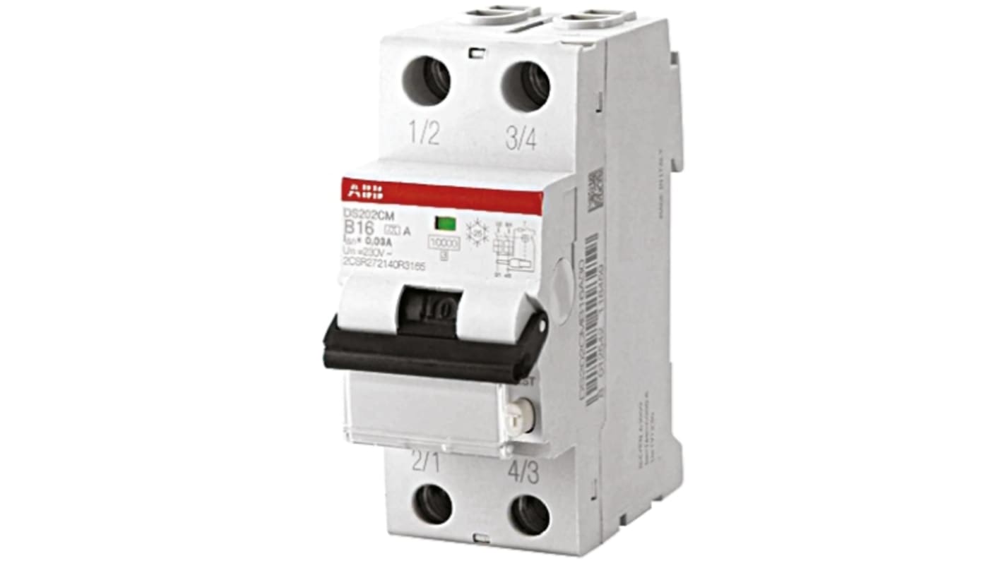 ABB 16A 2P RCBO, 30mA C型剩余电流动作断路器, 240V, DS202C系列