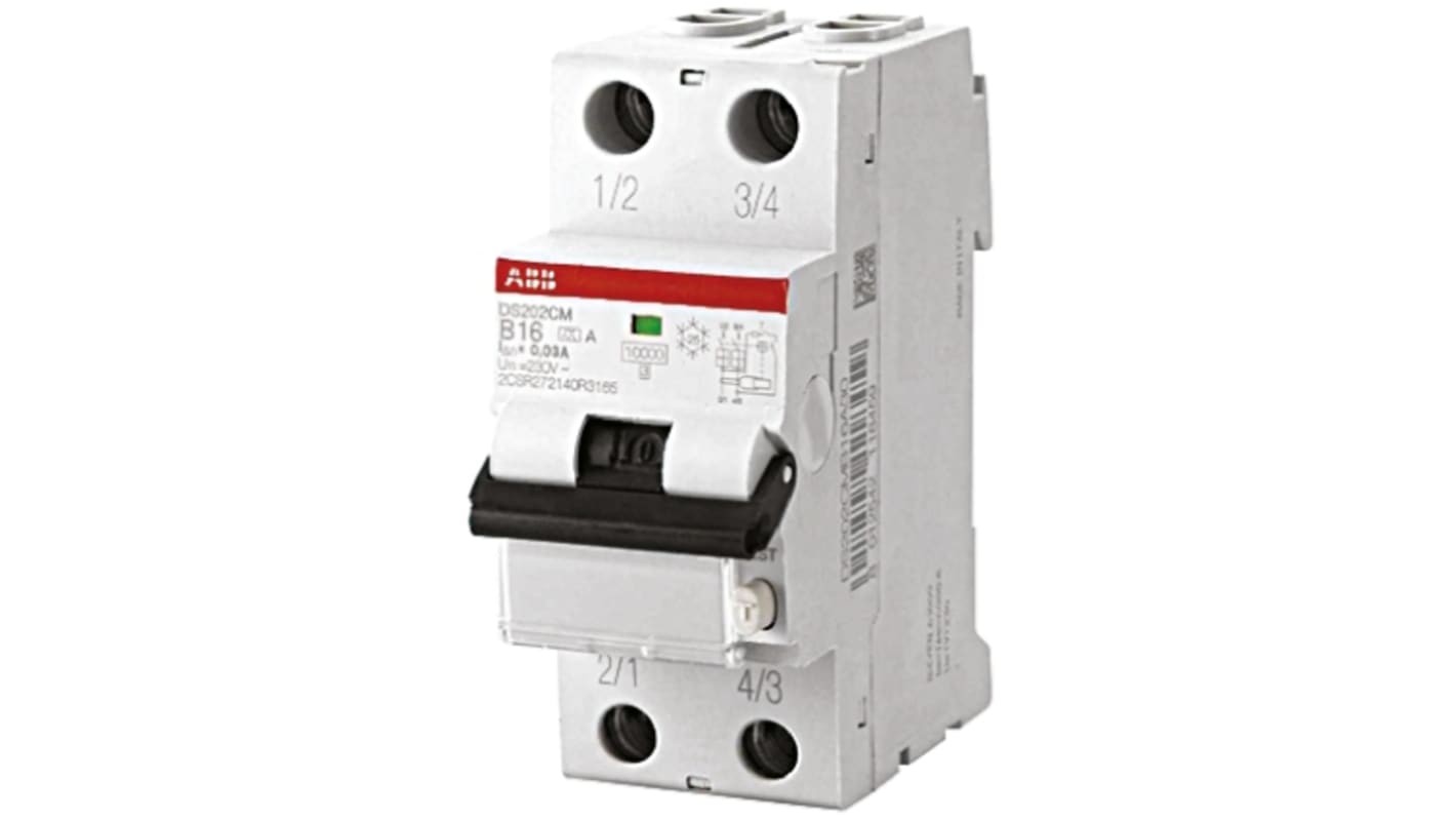 ABB RCBO, 10A Current Rating, 2P Poles, 30mA Trip Sensitivity, Type C, System Pro M Compact Range