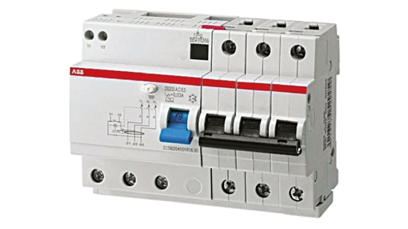 Disjoncteur différentiel magnéto-thermique ABB 10A 3P, sensibilité 30mA, Montage rail DIN, DS203