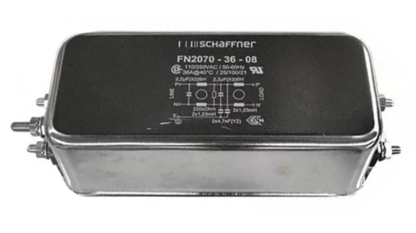 Schaffner EMIフィルタ 単相 36A シャーシーマウント 2.2 μF, 4.7nF 1.23 mH 0.867 mA Two Stage 13.1W 220kΩ