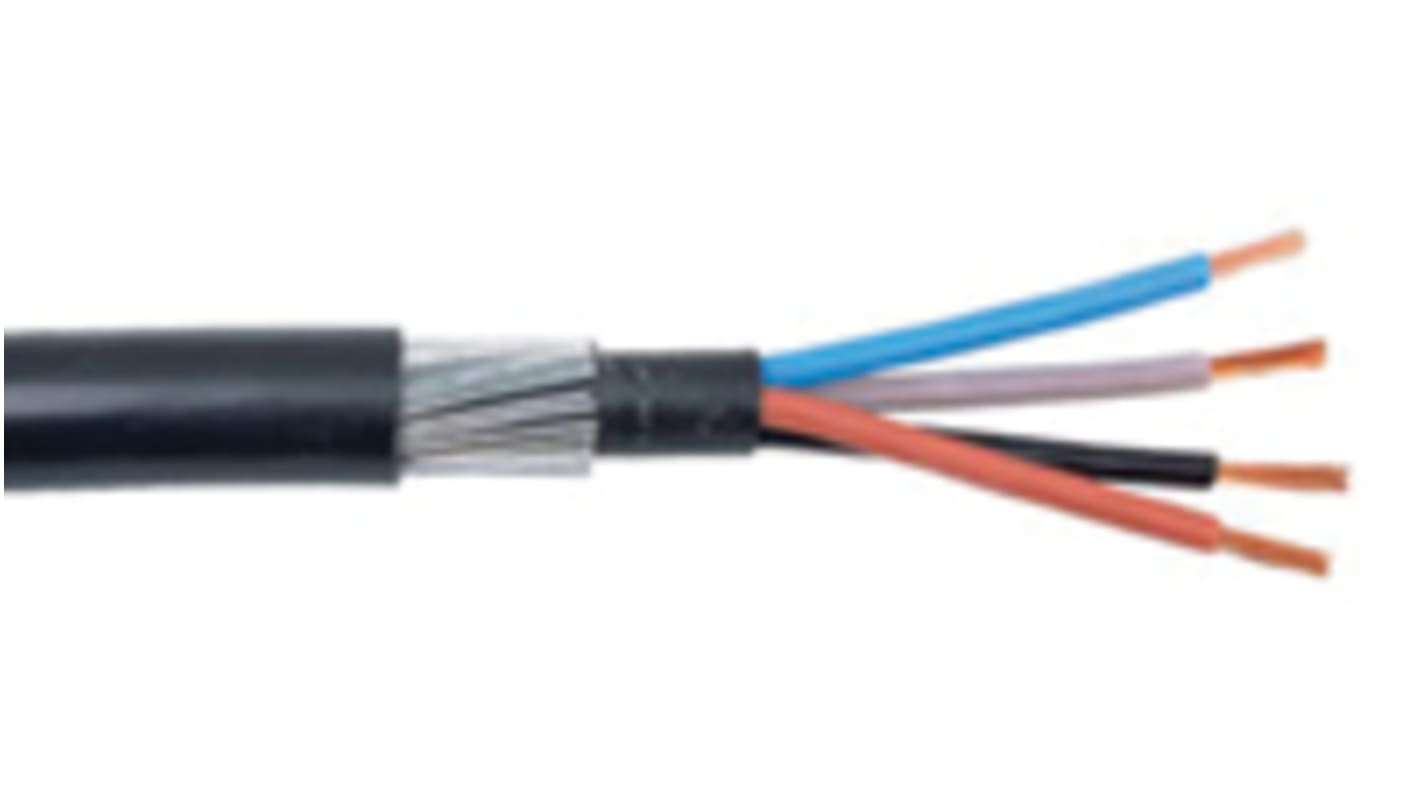 RS PRO 4 Core, 10 mm², Black Polyvinyl Chloride PVC Sheath, 73 (Non-Metallic Surface) A, 78 (Cable Bridge) A, 1 kV