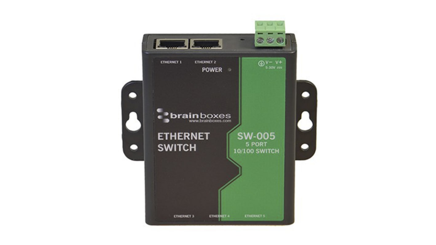 Brainboxes 5口工业以太网交换机, 墙壁安装