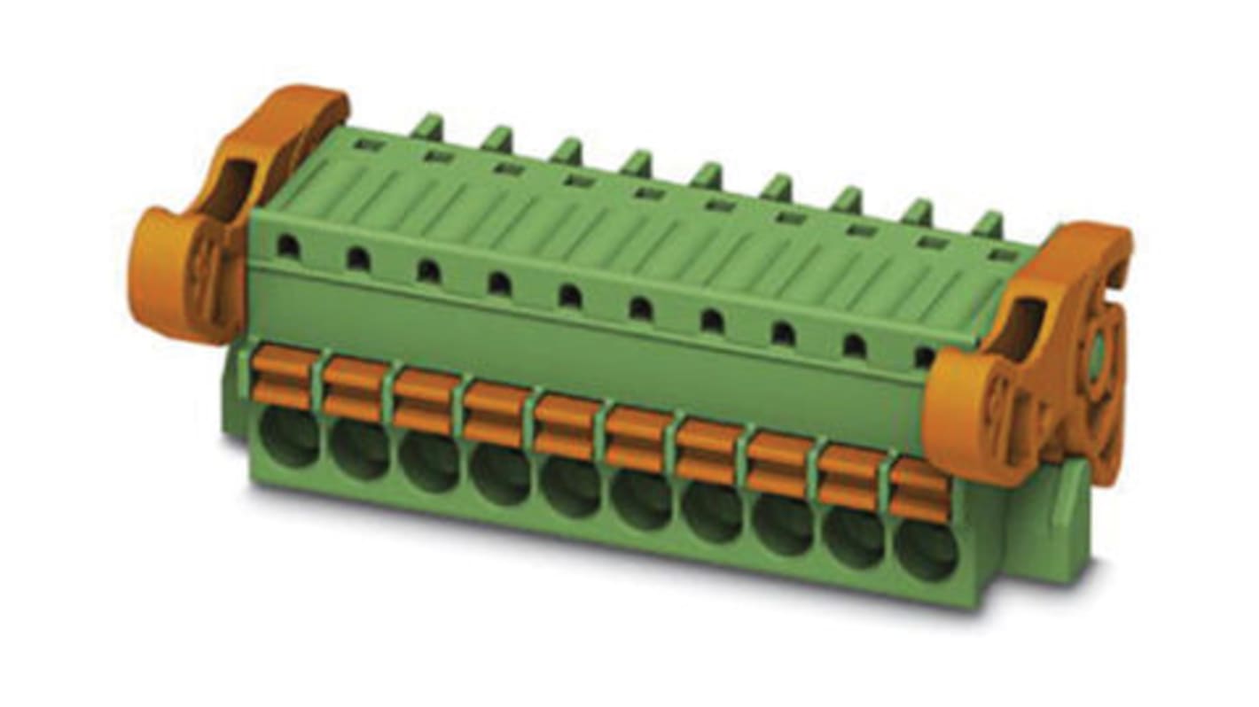 Borne enchufable para PCB Hembra Phoenix Contact de 9 vías, paso 3.5mm, 8A, de color Verde, terminación Mordaza de