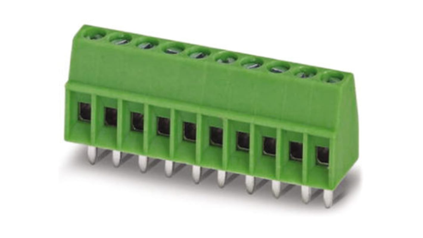 Borne para PCB Phoenix Contact de 2 vías, paso 6.35mm, 32A, de color Verde, montaje Montaje en orificio pasante,