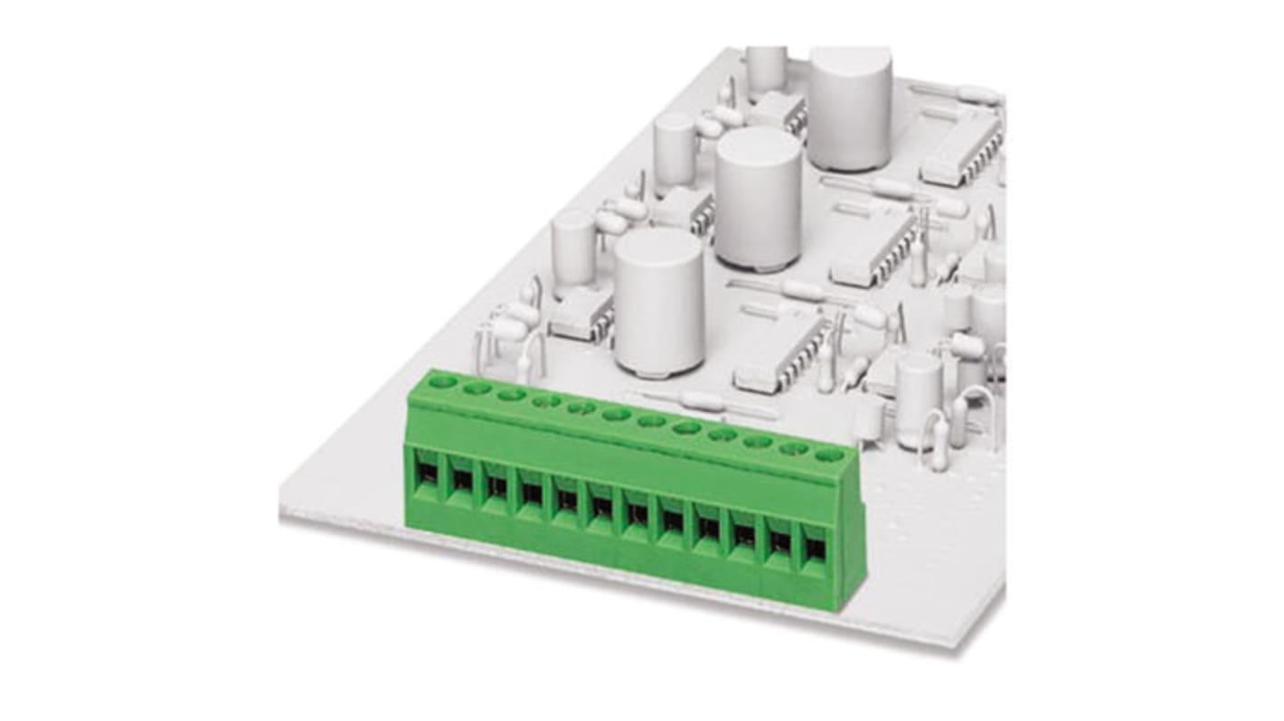 Borne para PCB Phoenix Contact de 10 vías, paso 5mm, 17.5A, de color Verde, montaje Montaje en orificio pasante,