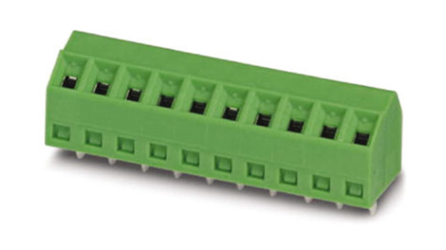 Borne para PCB Phoenix Contact de 7 vías, paso 5.08mm, 17.5A, de color Verde, montaje Montaje en orificio pasante,