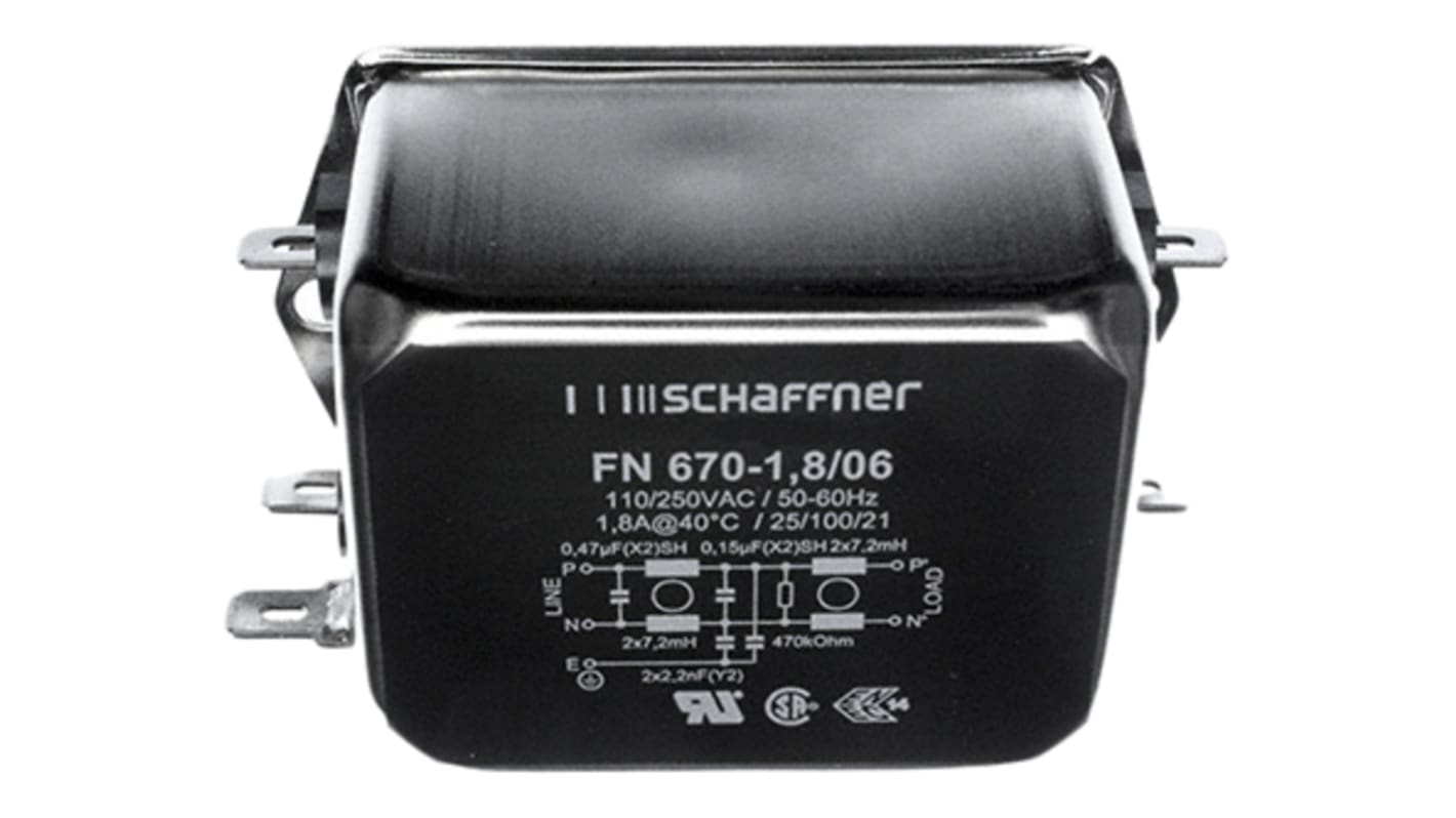 Schaffner 2A, 250 V Male Flange Mount IEC Inlet Filter 2 Pole FN282B-2-06, Faston 2 Fuse