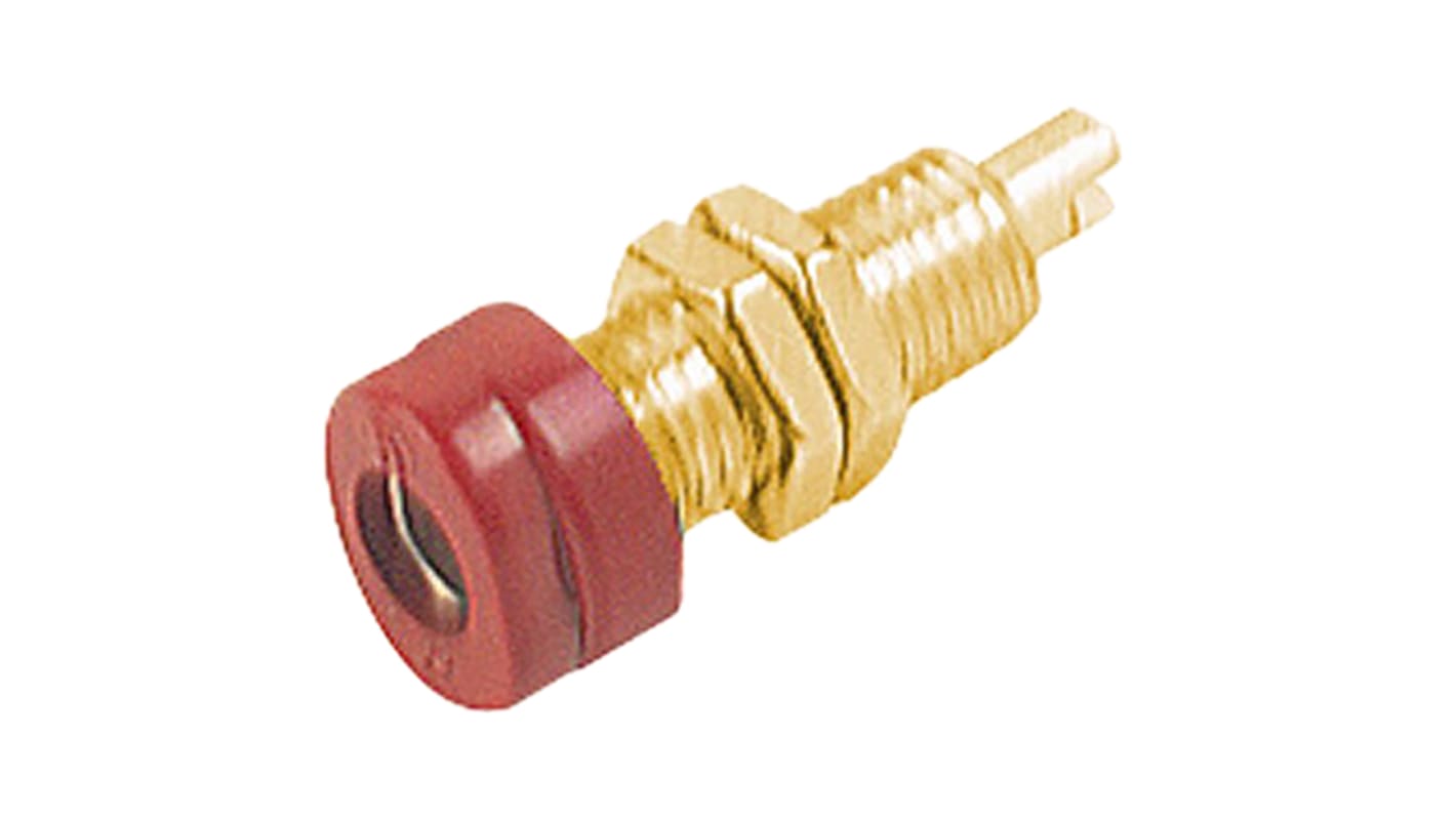 Hirschmann 4 mm香蕉插座, 红色, 30 V ac, 60V 直流, 16A, M6 螺纹，焊接式, 24mm长, 镀金