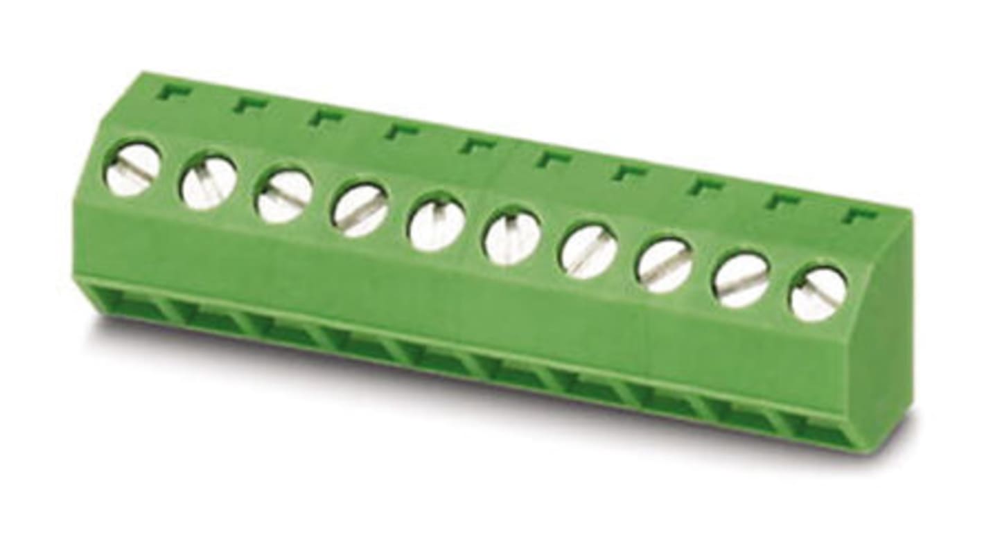 Borne para PCB Phoenix Contact de 11 vías, paso 5.08mm, 13.5A, de color Verde, montaje Montaje en orificio pasante,