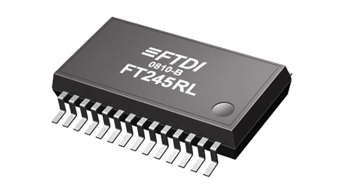 FTDI Chip FT245RL-REEL, USB Controller, 1Mbps, USB 2.0, 1.8 to 5.25 V, 28-Pin SSOP