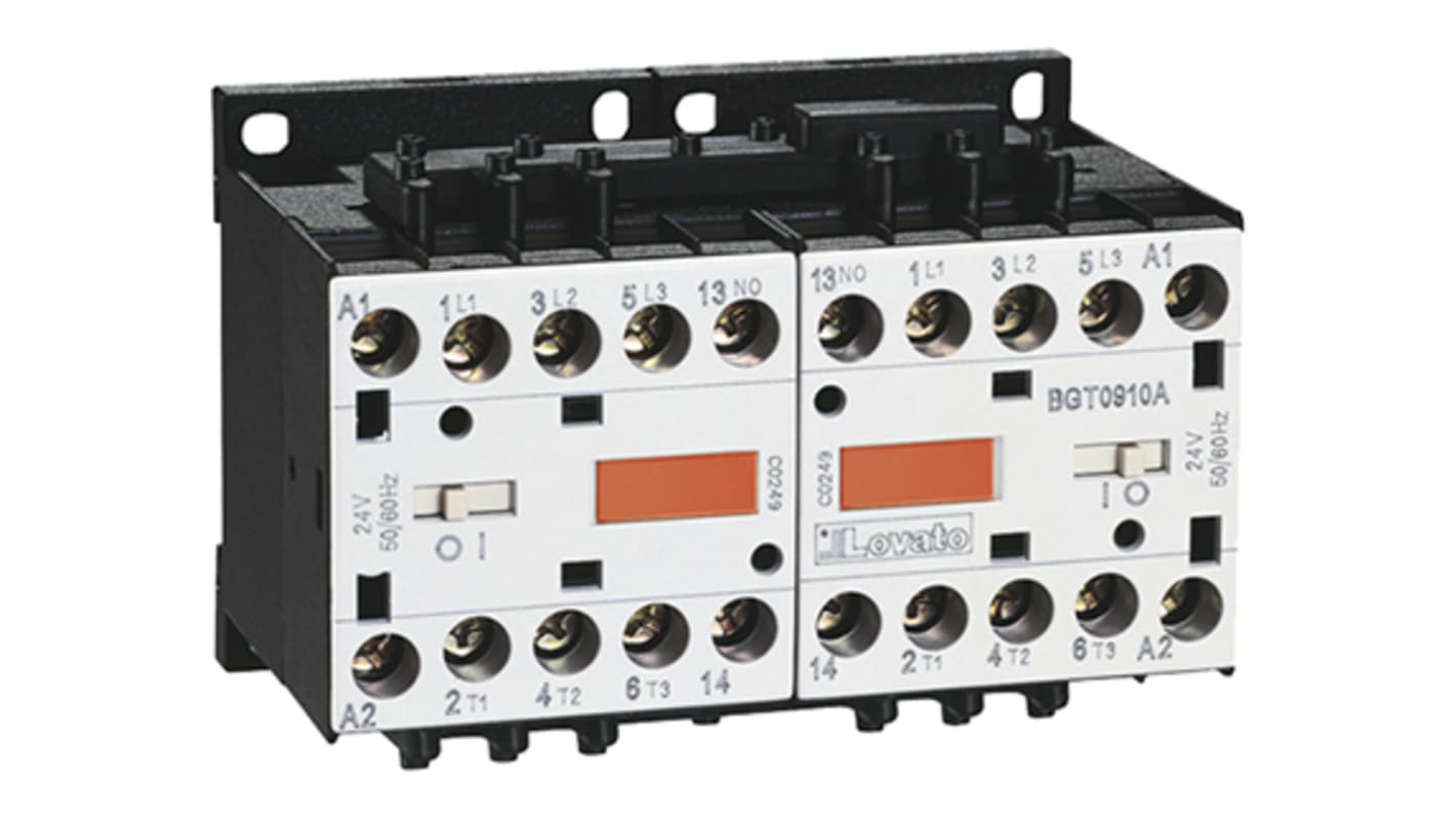 Lovato Orange BG Reversing Contactor, 24 V dc Coil, 3-Pole, 9 A, 4 kW, 3NO + 1NO, 600 V ac