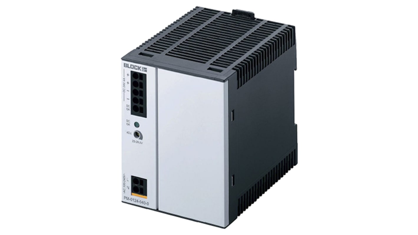 Block 开关模式导轨电源, 24V 直流 4A输出, 96W, 85 → 264 V ac / 120 → 373V 直流输入, 单相, PM系列