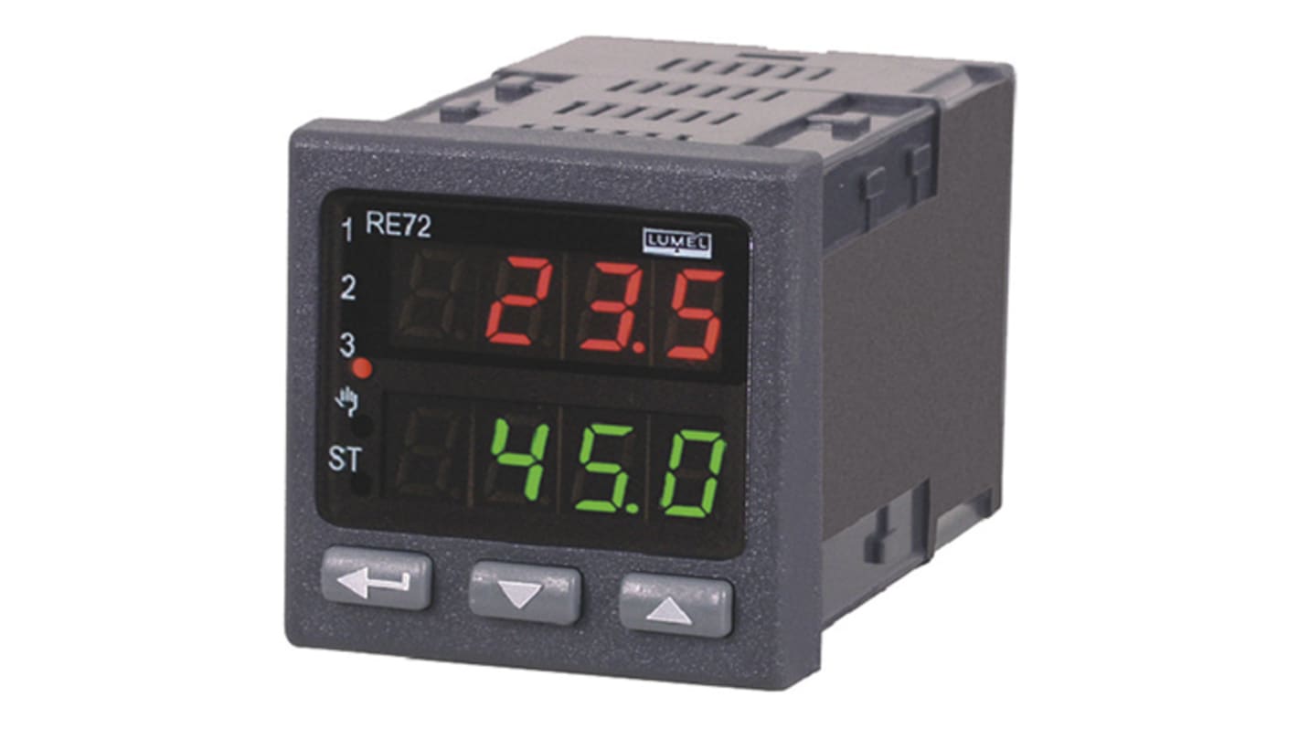Controlador de temperatura PID Lumel serie RE72, 48 x 48mm, 85 → 253 V ac/dc PT100, PT1000, termopar tipo B,