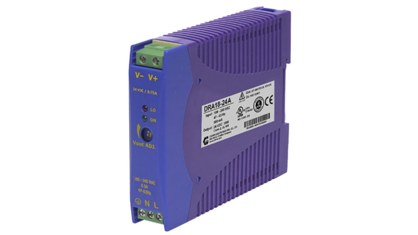 Chinfa DRA18 DIN Rail Power Supply, 90 → 264V ac ac Input, 24V dc dc Output, 750mA Output, 18W
