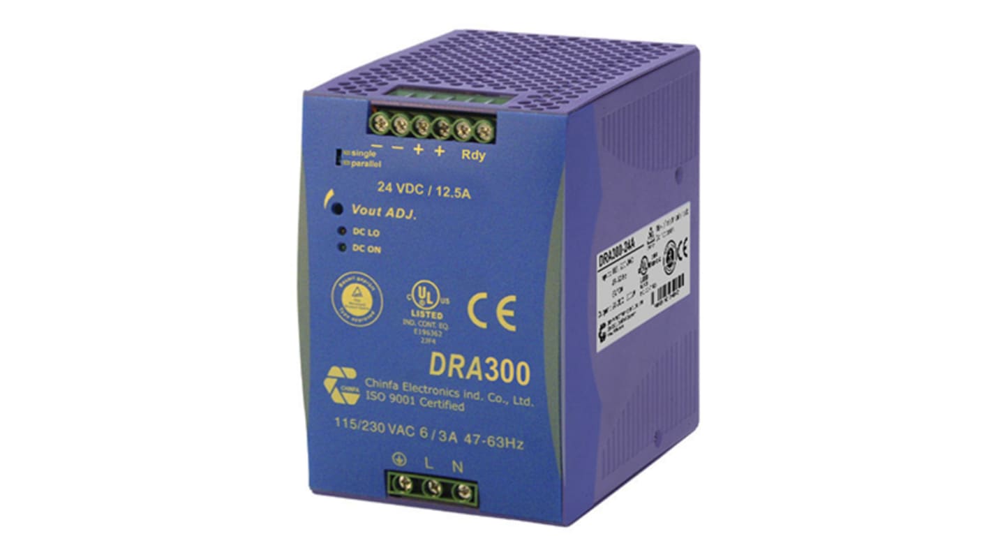 Chinfa DRA300 DIN Rail Power Supply, 90 → 264V ac ac Input, 48V dc dc Output, 6.25A Output, 300W