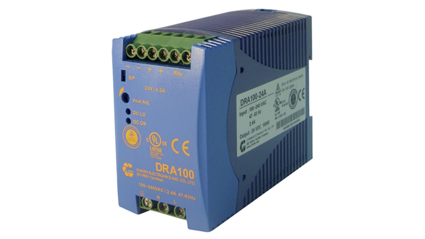 Chinfa DRA100 DIN Rail Power Supply, 90 → 264V ac ac Input, 24V dc dc Output, 4.2A Output, 100W