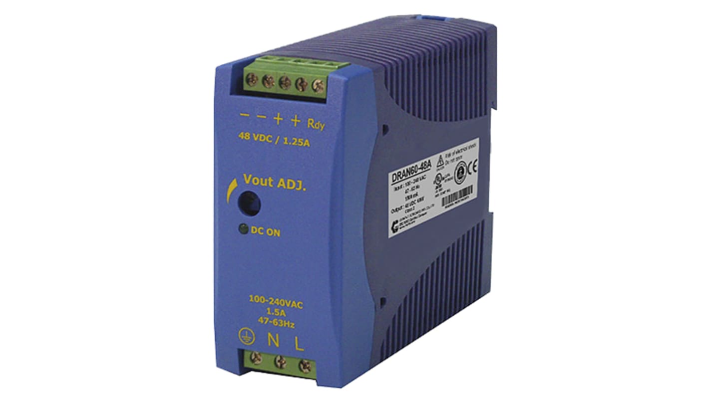 Chinfa DRAN60 DIN Rail Power Supply, 85 → 264V ac ac Input, 24V dc dc Output, 2.5A Output, 60W