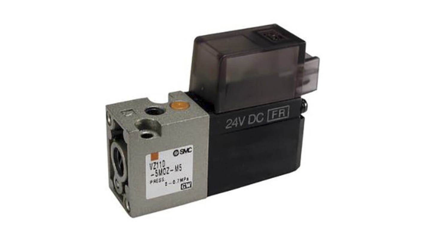 Electrodistributeur pneumatique SMC série VZ100 fonction 3/2, Ressort/Bobine, Métrique M5, 24V c.c.