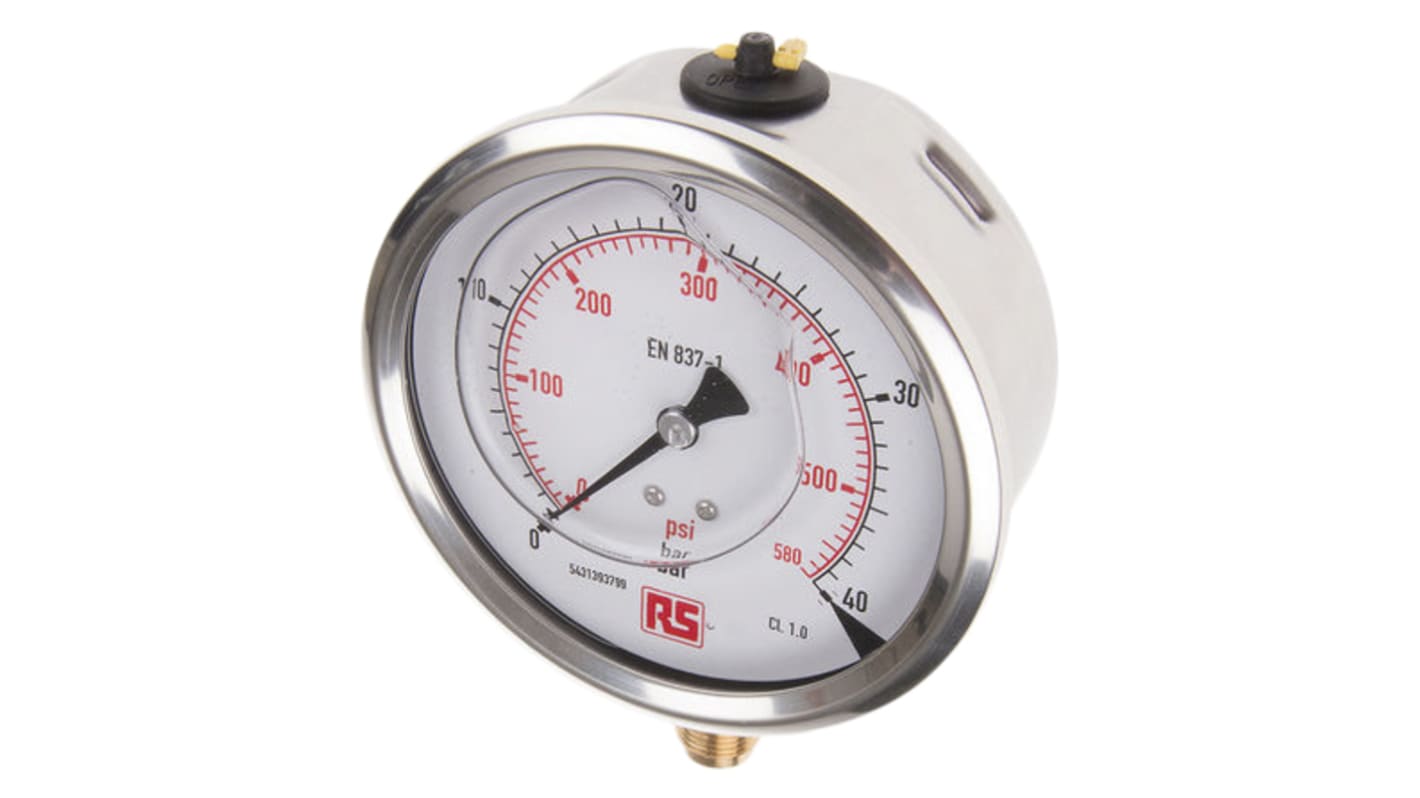 WIKA G 3/8 Analogue Pressure Gauge 40bar Bottom Entry 100mm Outside Diameter, UKAS