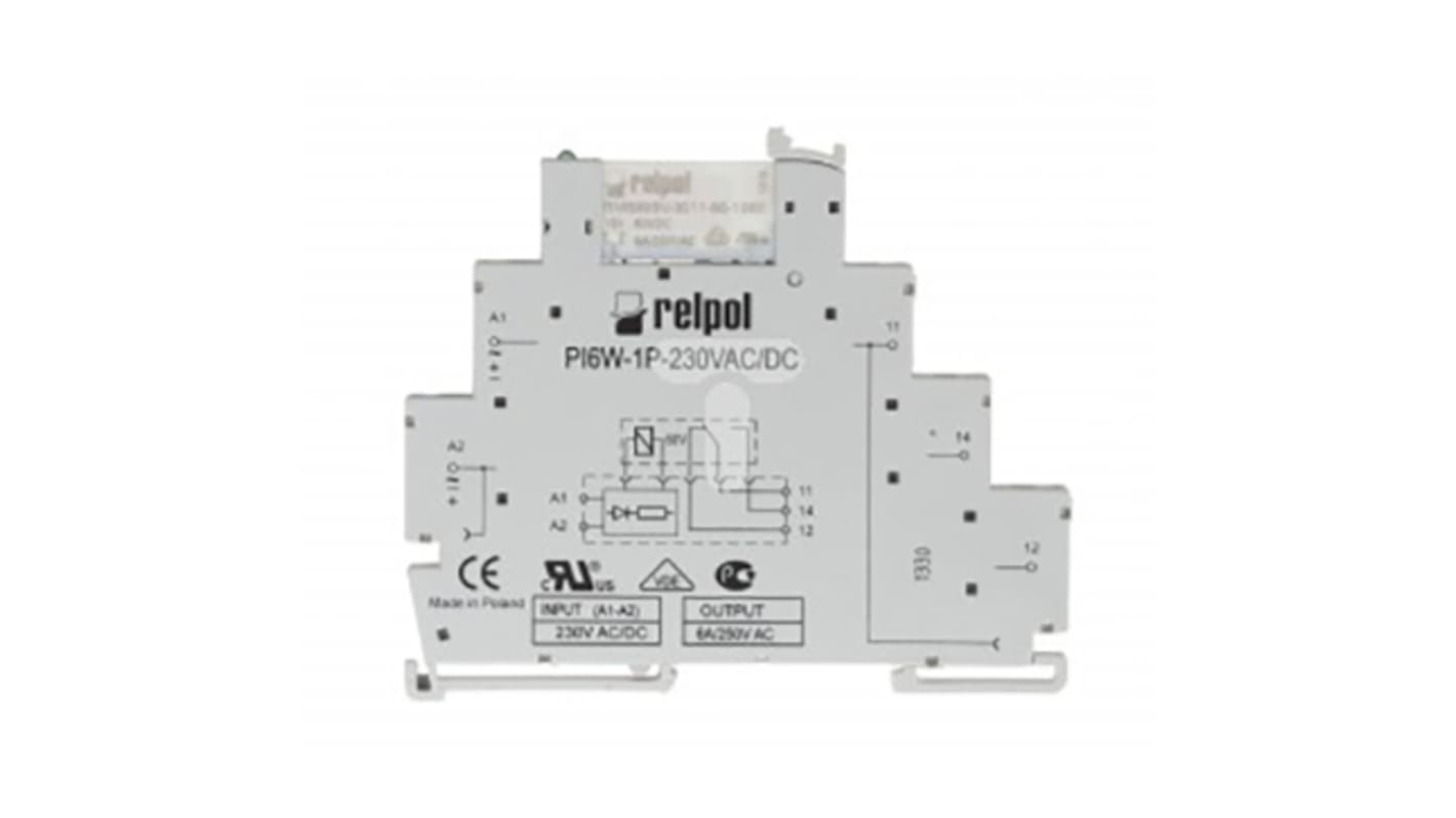 Relpol PIR6W Series Interface Relay, DIN Rail Mount, 230V ac Coil, SPDT, 1-Pole, 6A Load