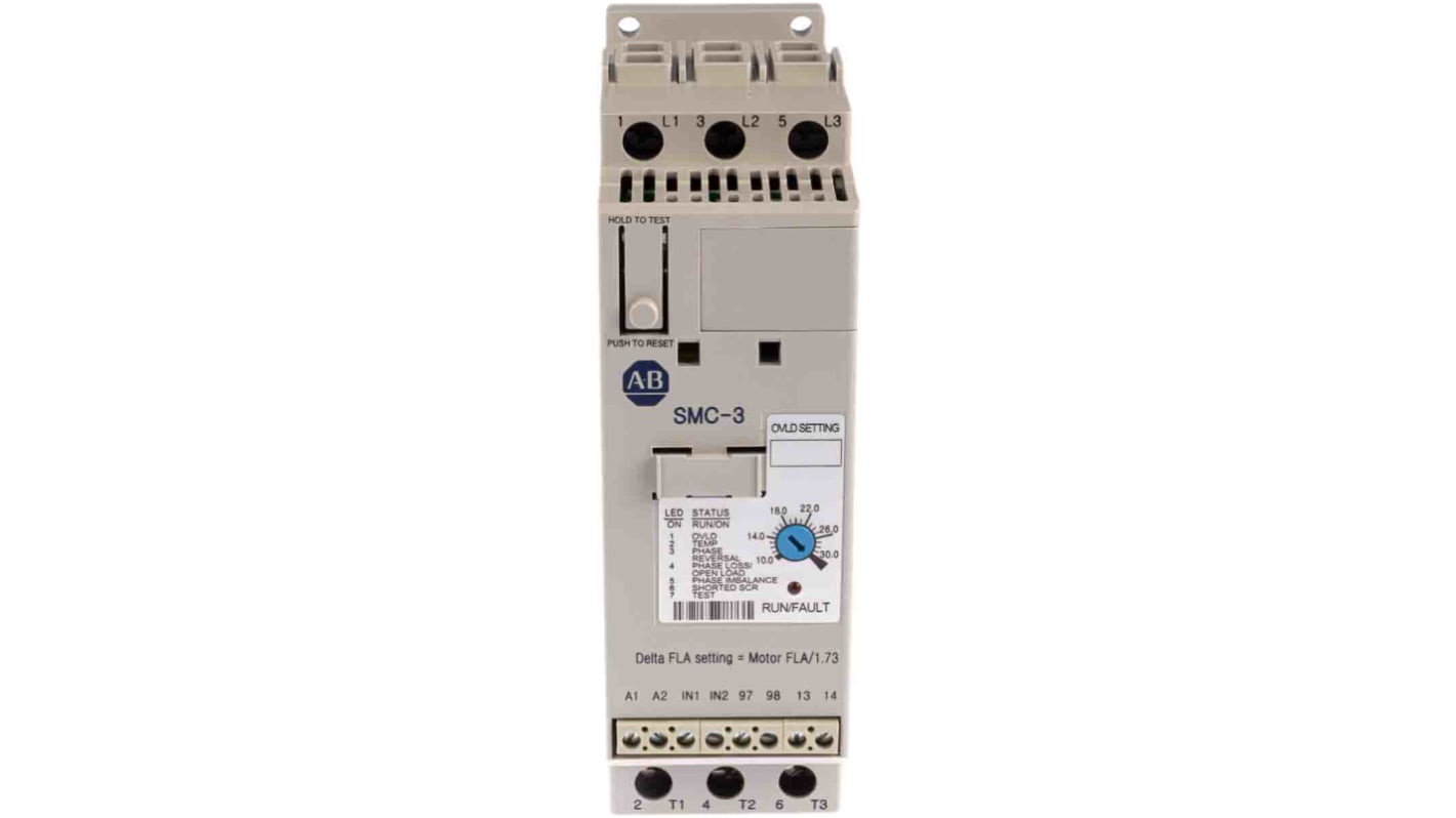 Allen Bradley 软启动器, 3相, 15 kW, 460 V 交流, 30 A, IP2X, 100mm x 44.8mm x 139.7mm, SMC-3系列