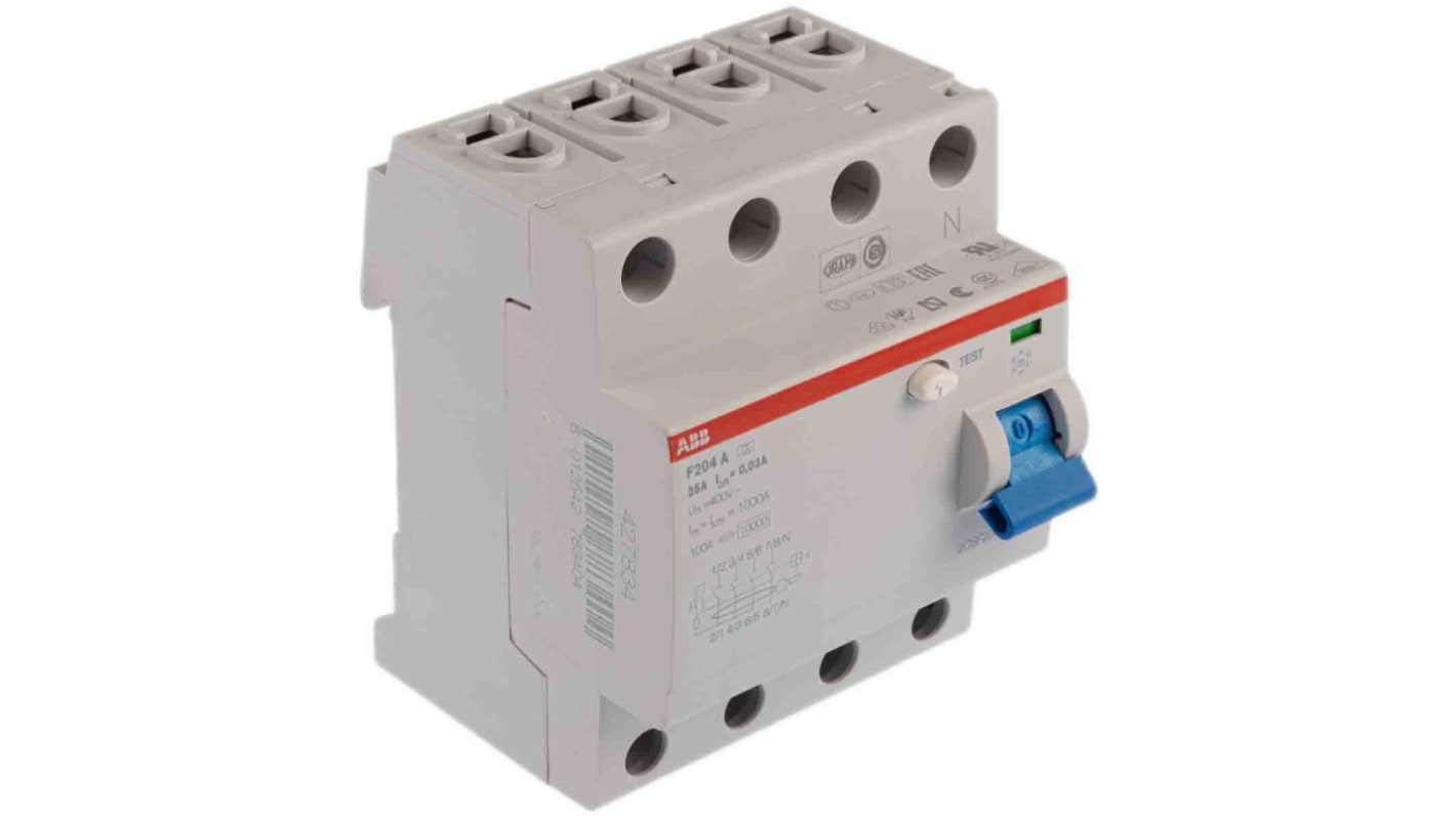 ABB F200 RCCB, 25A, 4 Pole, 30mA, Type A