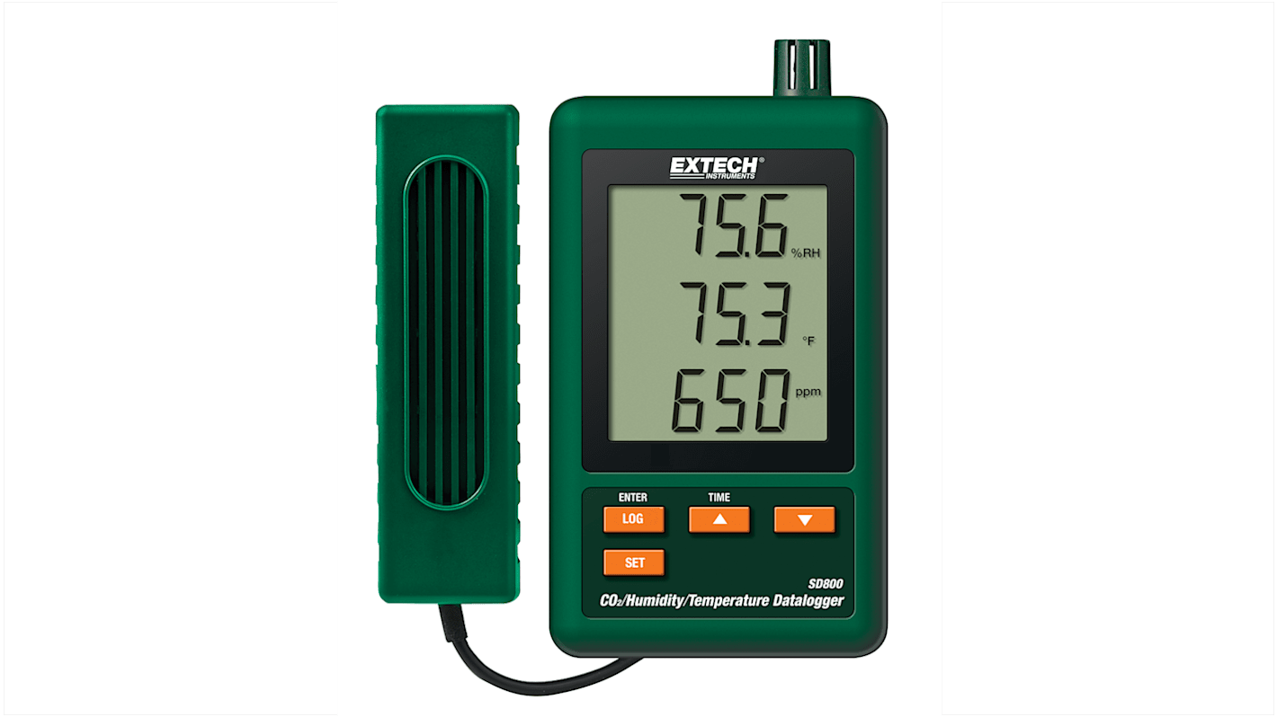 Extech SD800 Air Quality Monitor for CO, CO2, Humidity, Temperature, 50°C Max, 90%RH Max, AC Adapter-Powered