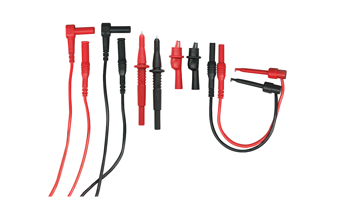 Kit de cables de prueba Extech TL809, contiene Dos pinzas de cocodrilo con aislantes extraíbles, dos minganchos de