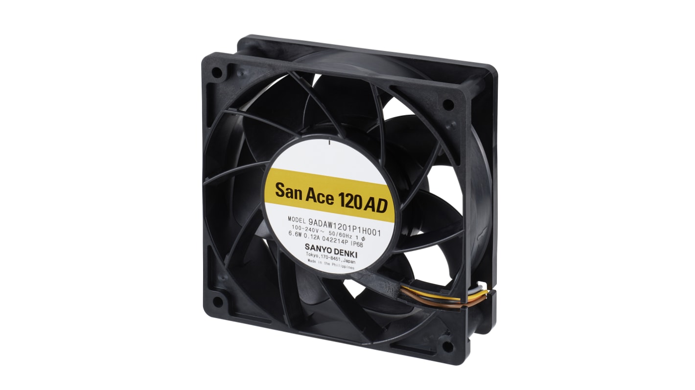 Sanyo Denki Axial Fan, 264 V ac, AC/DC Operation, 3.36m³/min, 6.6W, 130mA Max, IP68, 120.8 x 120.8 x 38.5mm