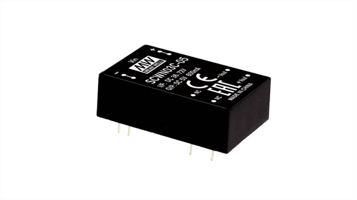 MEAN WELL SCW DC-DC Converter, 5V dc/ 600mA Output, 18 → 36 V dc Input, 3W, PCB Mount, +100°C Max Temp -40°C Min